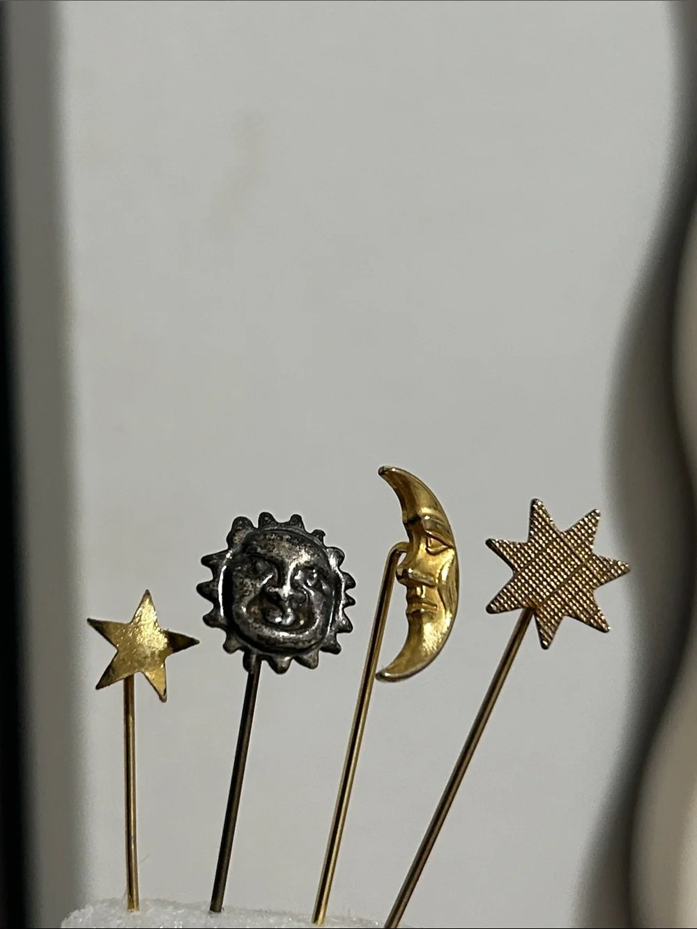Vintage Gold Pewter Lot of 4 Celestial Stick Pin Set - Sun Half Moon Stars GUC
